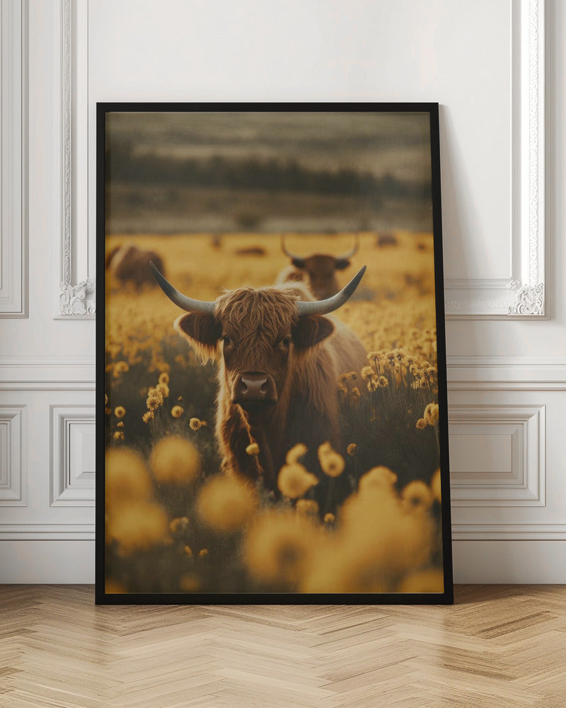 Highland Cows In Flower Field Poster