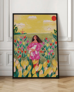 Woman in spring tulip field Poster