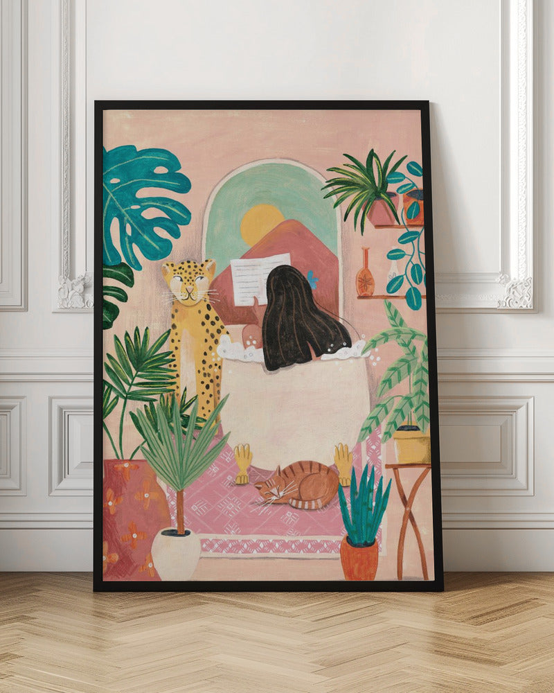 Woman taking bath in pink tropical bathroom Poster