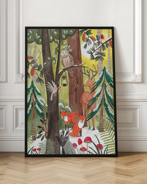 Green Christmas forest with animals Poster