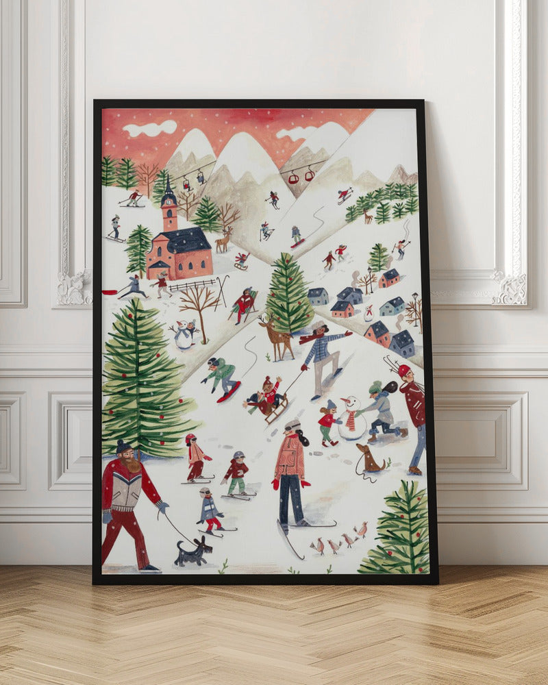 Mountain landscape with houses in the snow Poster