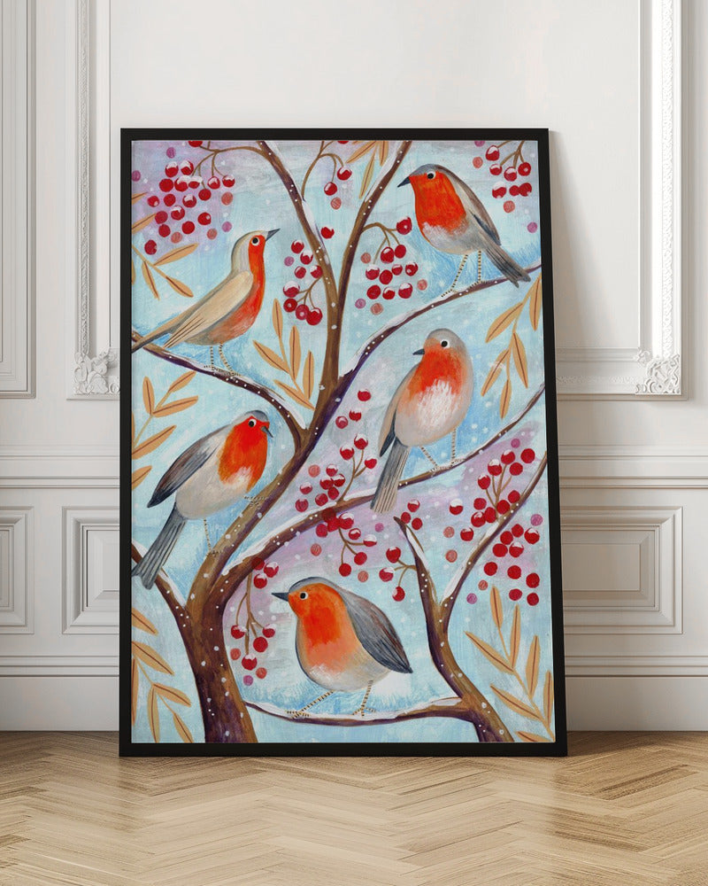 Winter birds robins Christmas snow Poster