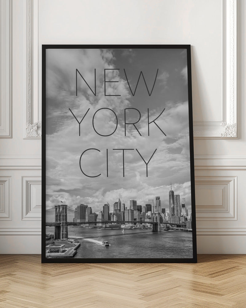 NYC Brooklyn Bridge &amp; Lower Manhattan | Text &amp; Skyline Poster