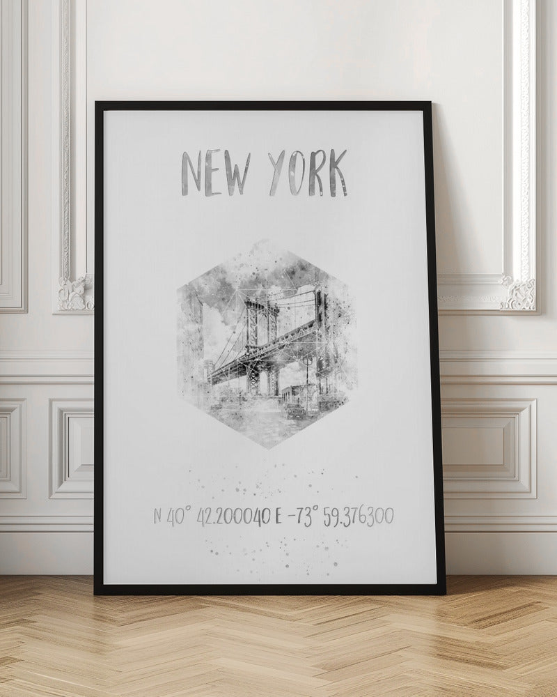 Coordinates NYC Manhattan Bridge | monochrome watercolor Poster