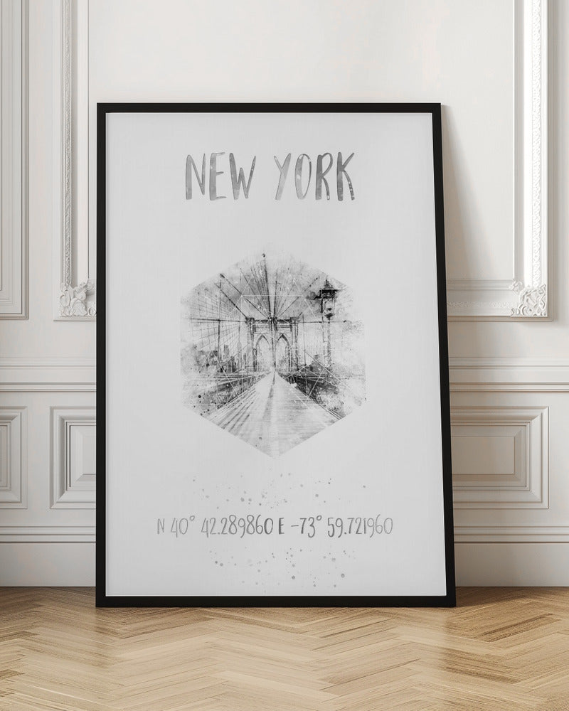 Coordinates NYC Brooklyn Bridge |  monochrome watercolor Poster