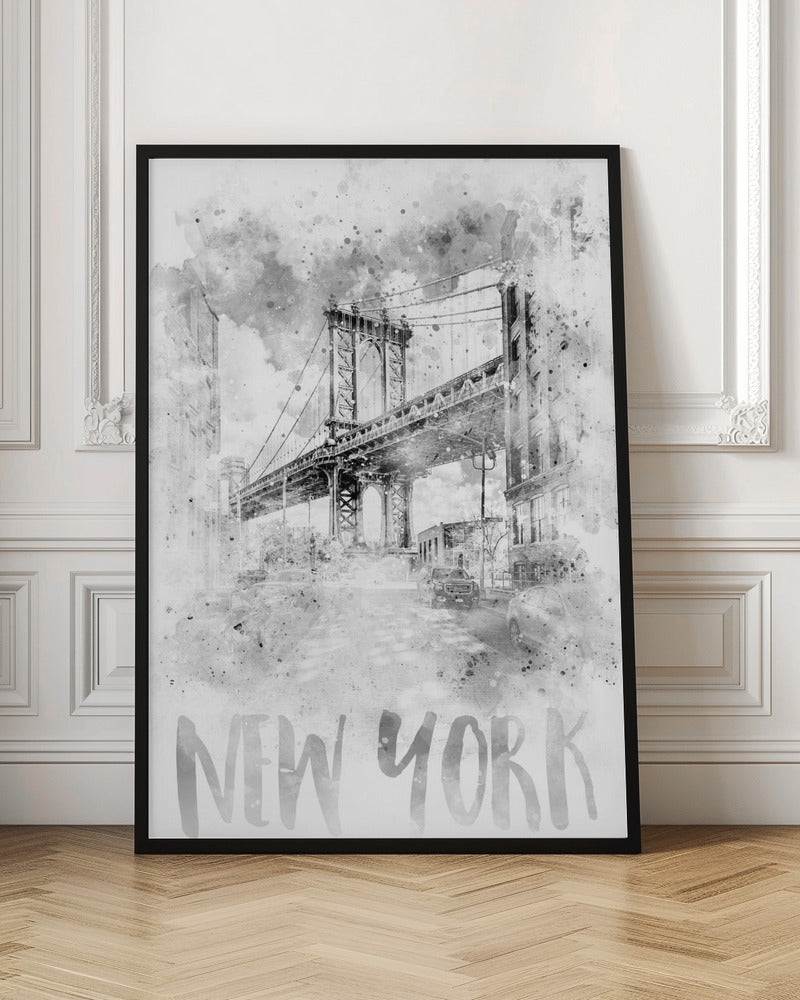 Monochrome Art NYC Manhattan Bridge | watercolor Poster