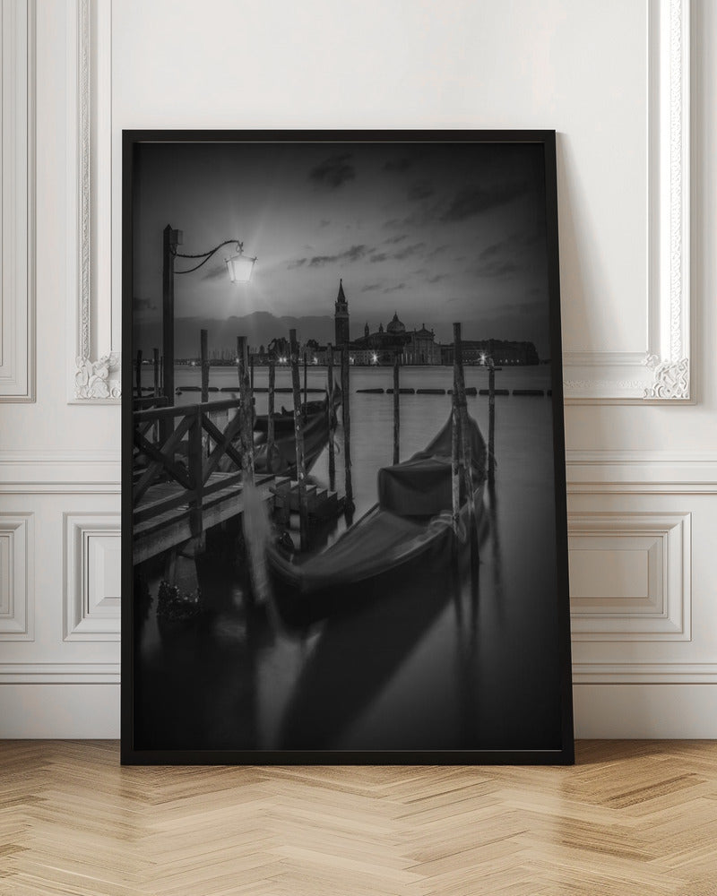 VENICE Gondolas during sunrise in black and white Poster