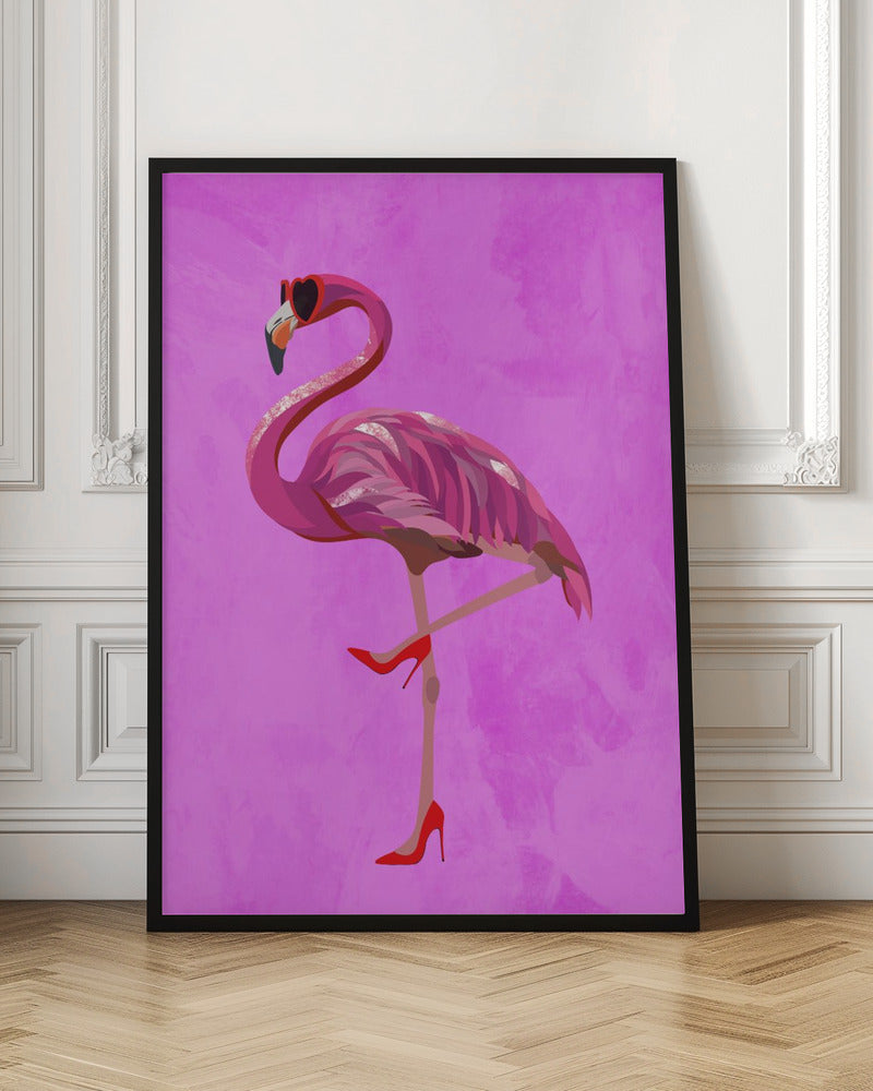 Flamingo in heels and heart glasses pink Poster