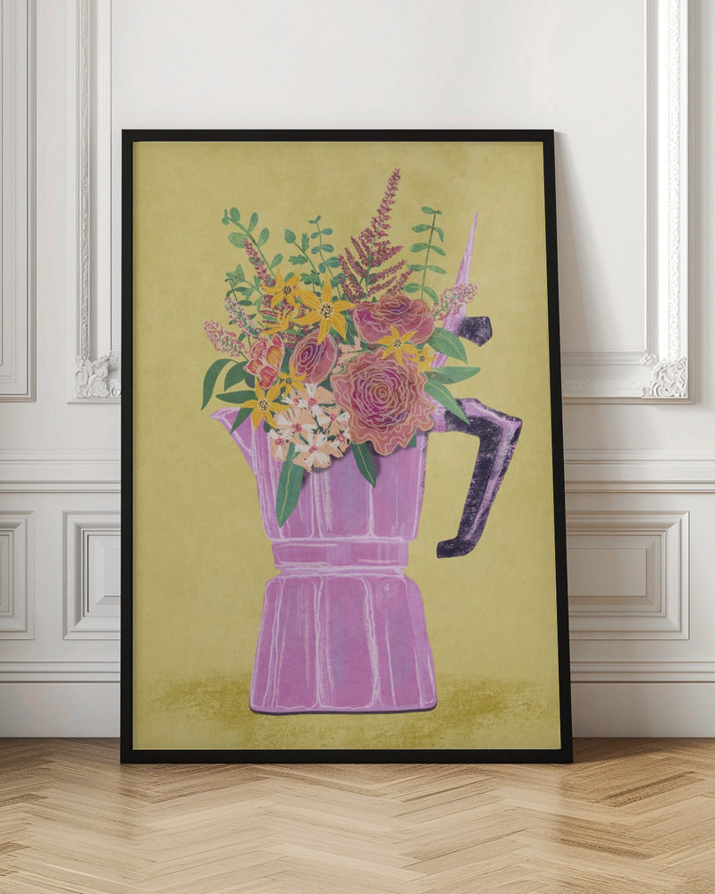 Espresso Maker with Flowers Poster