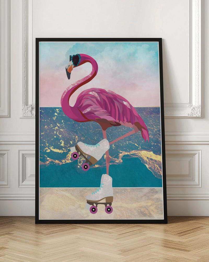 Flamingo rollerskating on the beach Poster