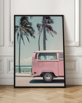 Pink Bus By the Beach Poster