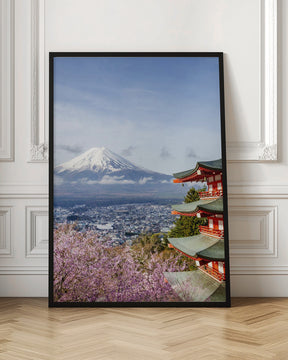 Unique view of Mount Fuji with Chureito Pagoda during cherry blossom season Poster