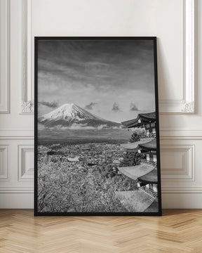 Unique view of Mount Fuji with Chureito Pagoda during cherry blossom season - monochrome Poster