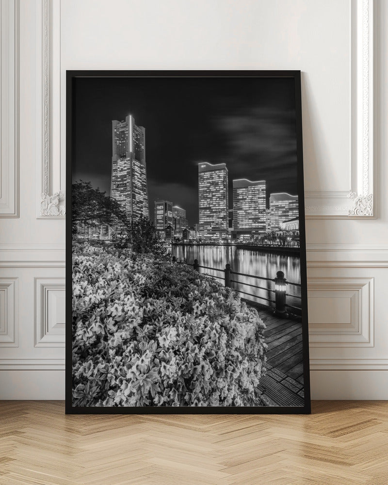 Picturesque Yokohama skyline at night - monochrome Poster