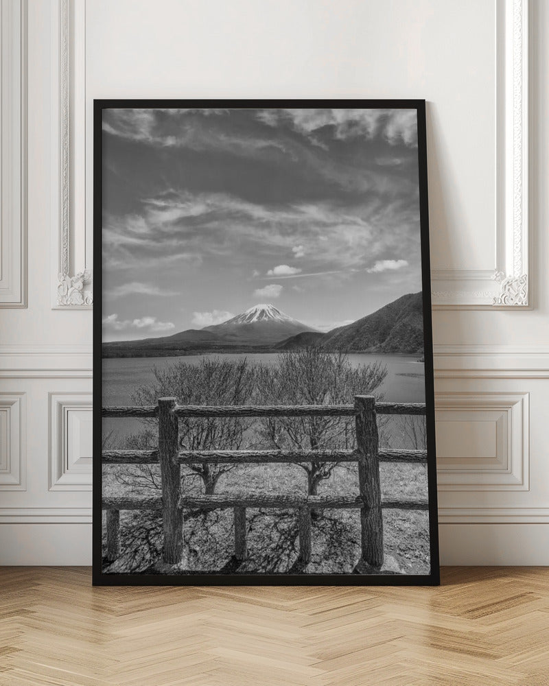 Lake Motosu with Mount Fuji - monochrome Poster