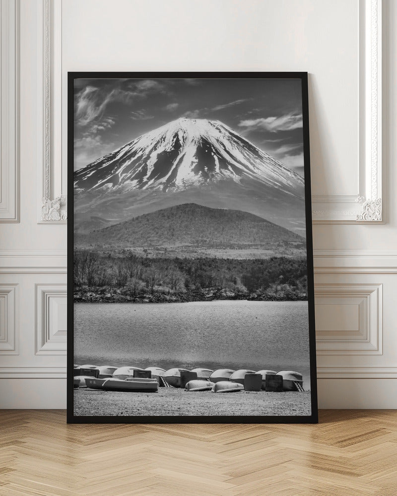 Picturesque Lake Shoji with striking Mount Fuji - monochrome Poster