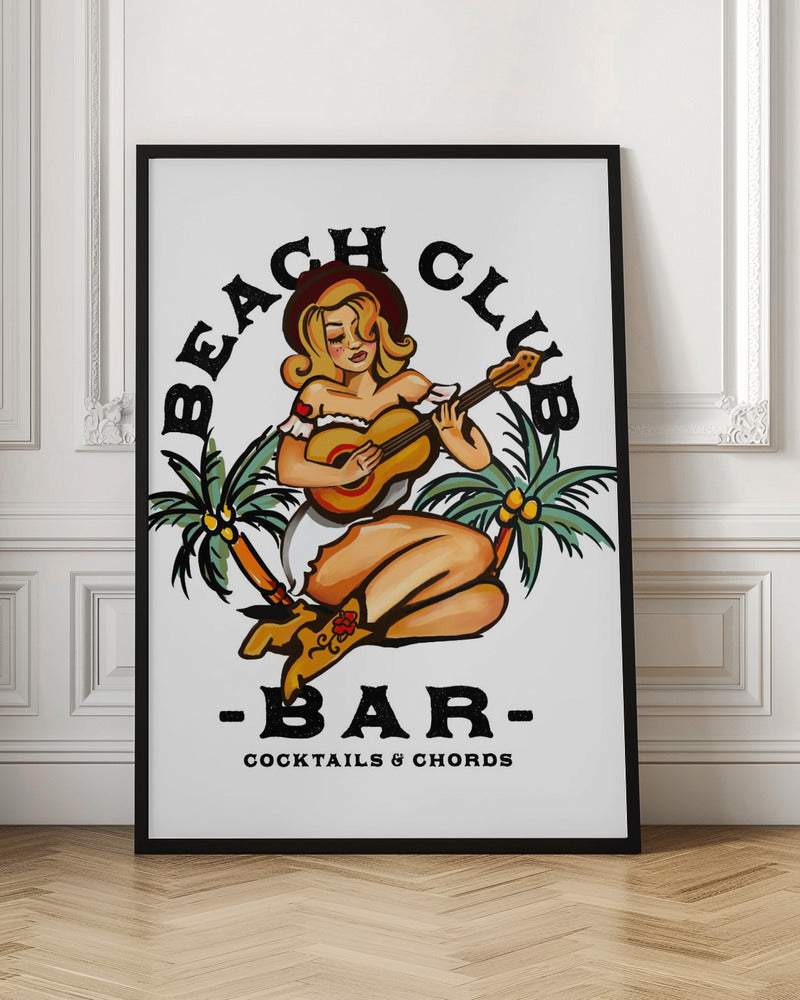 Beach Club Bar. Sailor Jerry Style Pin-up Girl Playing Guitar Poster