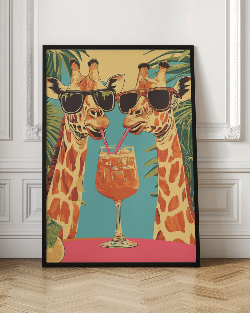 Giraffes Sharing a Drink Poster