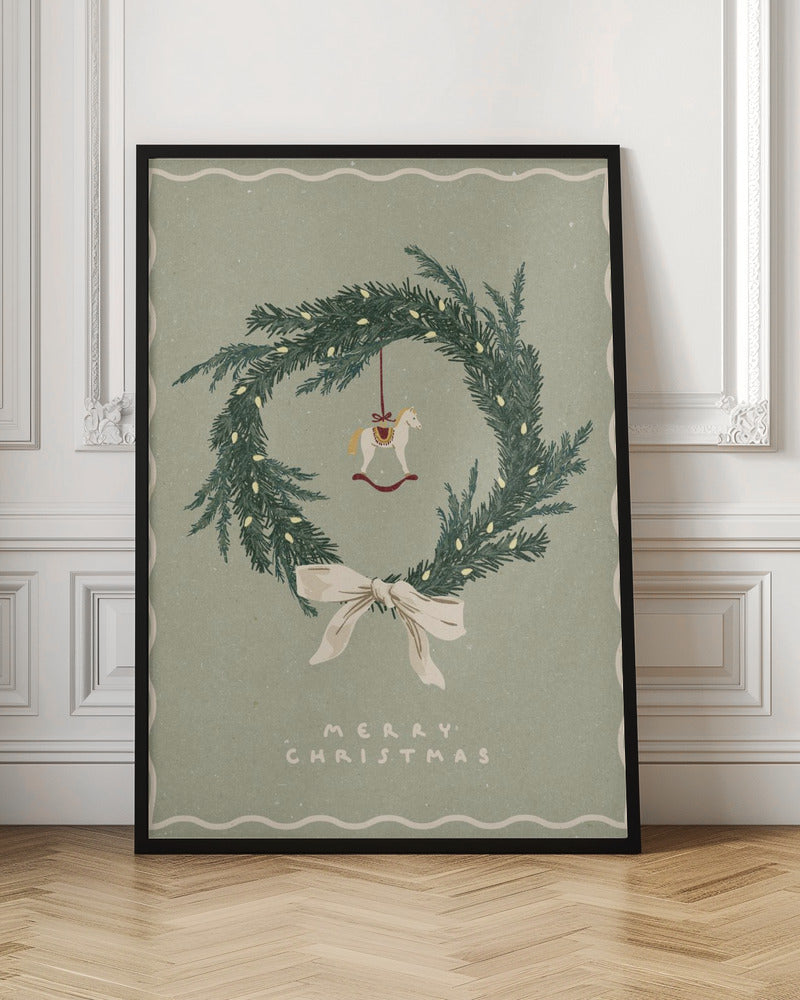 Horses toy on Christmas wreath with bow Poster