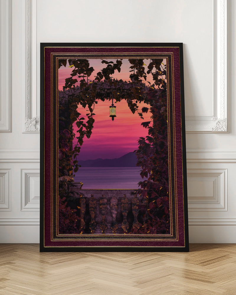 Sunset view with ornate &amp; gold burgundy frame Poster