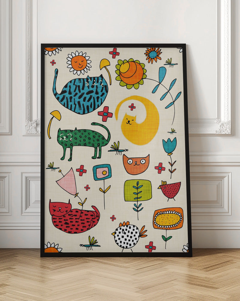 Spring Cat Beige - Cute Whimsical Cats with Flowers Poster