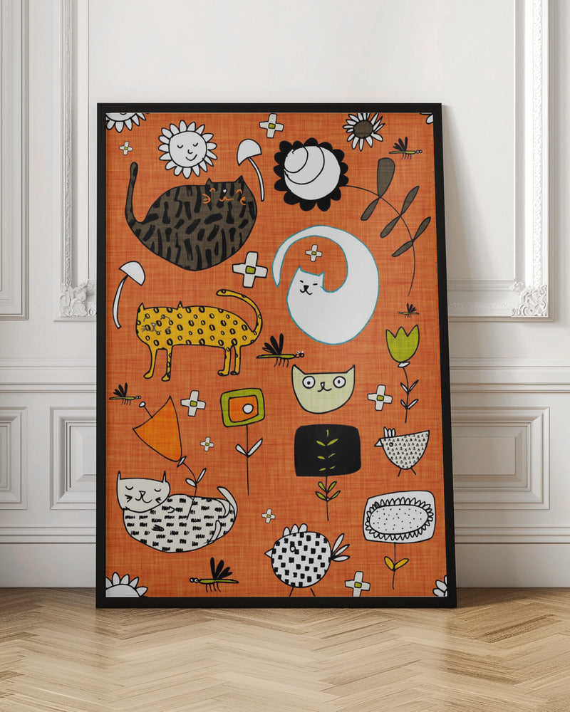 Spring Cat Orange - Cute Whimsical Cats with Flowers Poster