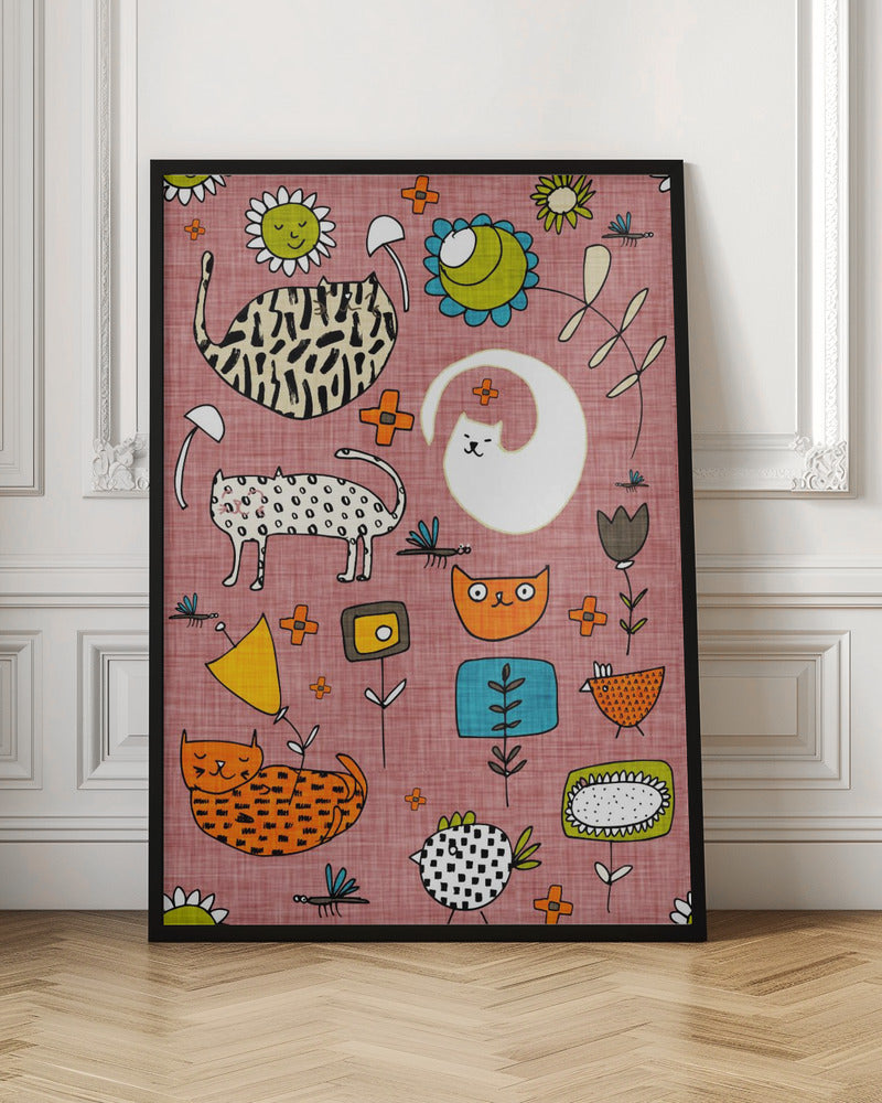 Spring Cat Pink - Cute Whimsical Cats with Flowers Poster