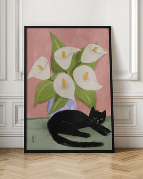 Lilies In a Vase and a Black Cat  - Still Life Illustration Poster