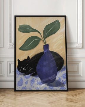 Sleeping Black Cat On Paisly Lia Illustration Poster