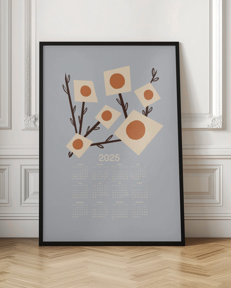 Sunburst Blossoms Grey 2025 Mid Century Calendar Poster