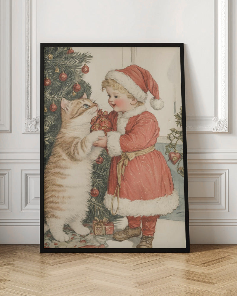 Christmas Kid and Cat Poster