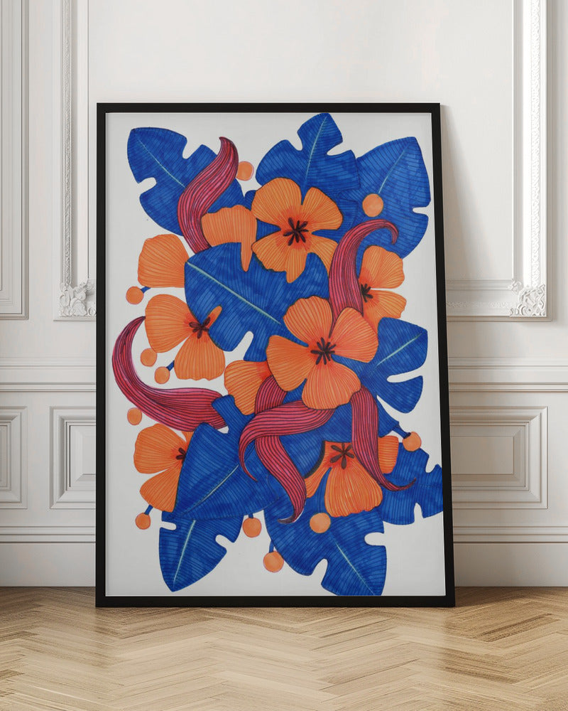 Hawaiian Orange and Blue Florals Poster