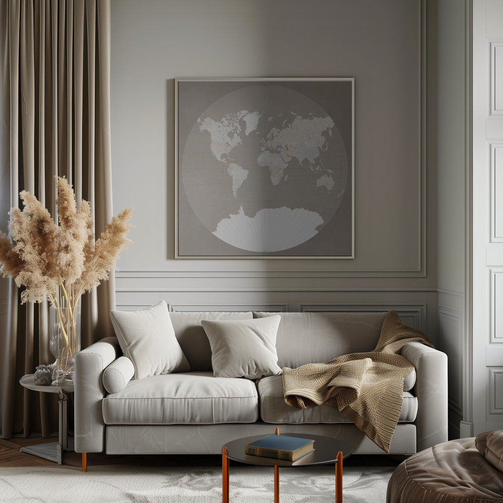 The world map in a circle, muted brown Poster