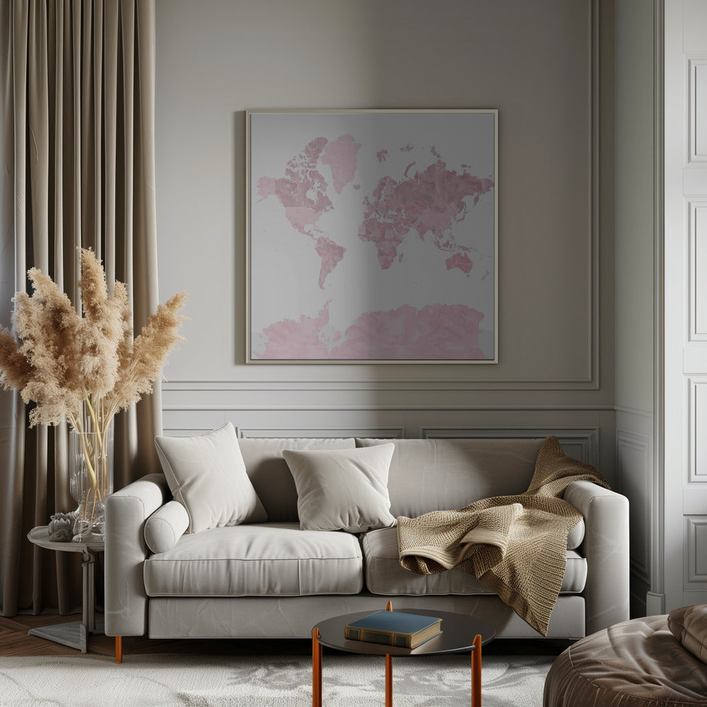 Pink watercolor world map with outlined countries, Melit Poster