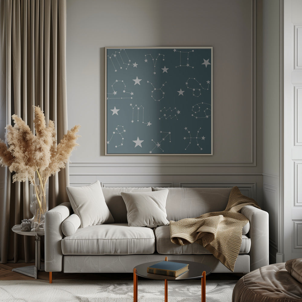 Celestial Constellation Boho-Moon and Stars In Dark Neutral-Slate Teal Poster