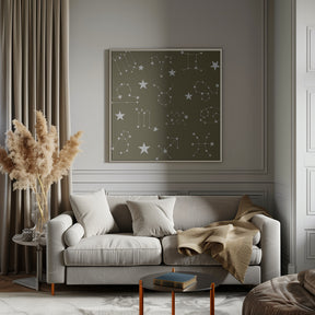 Celestial Constellation Boho-Moon and Stars In Dark Neutral-Olive Poster