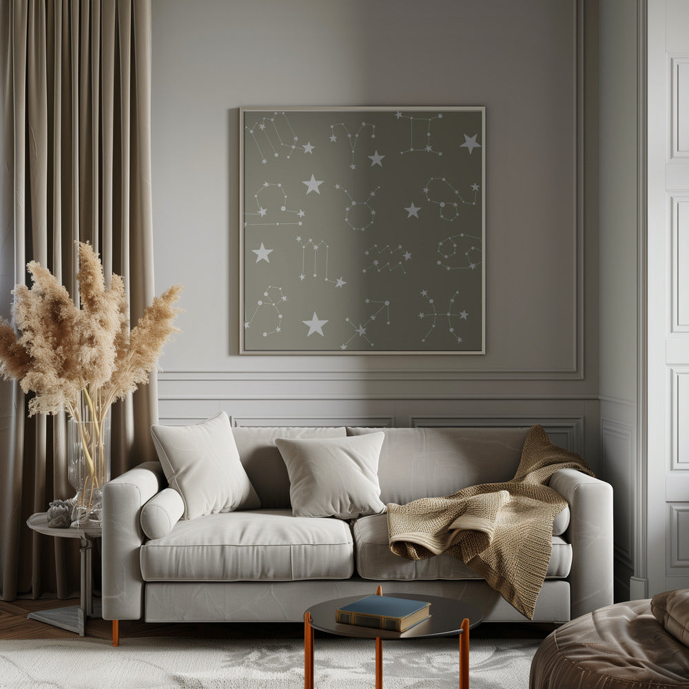 Celestial Constellation Boho-Moon and Stars In Dark Neutral - Olive Slate Poster