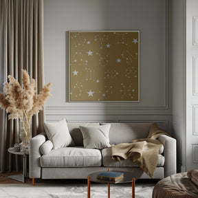 Celestial Constellation Boho-Moon and Stars In Dark Neutral-Mustard Poster