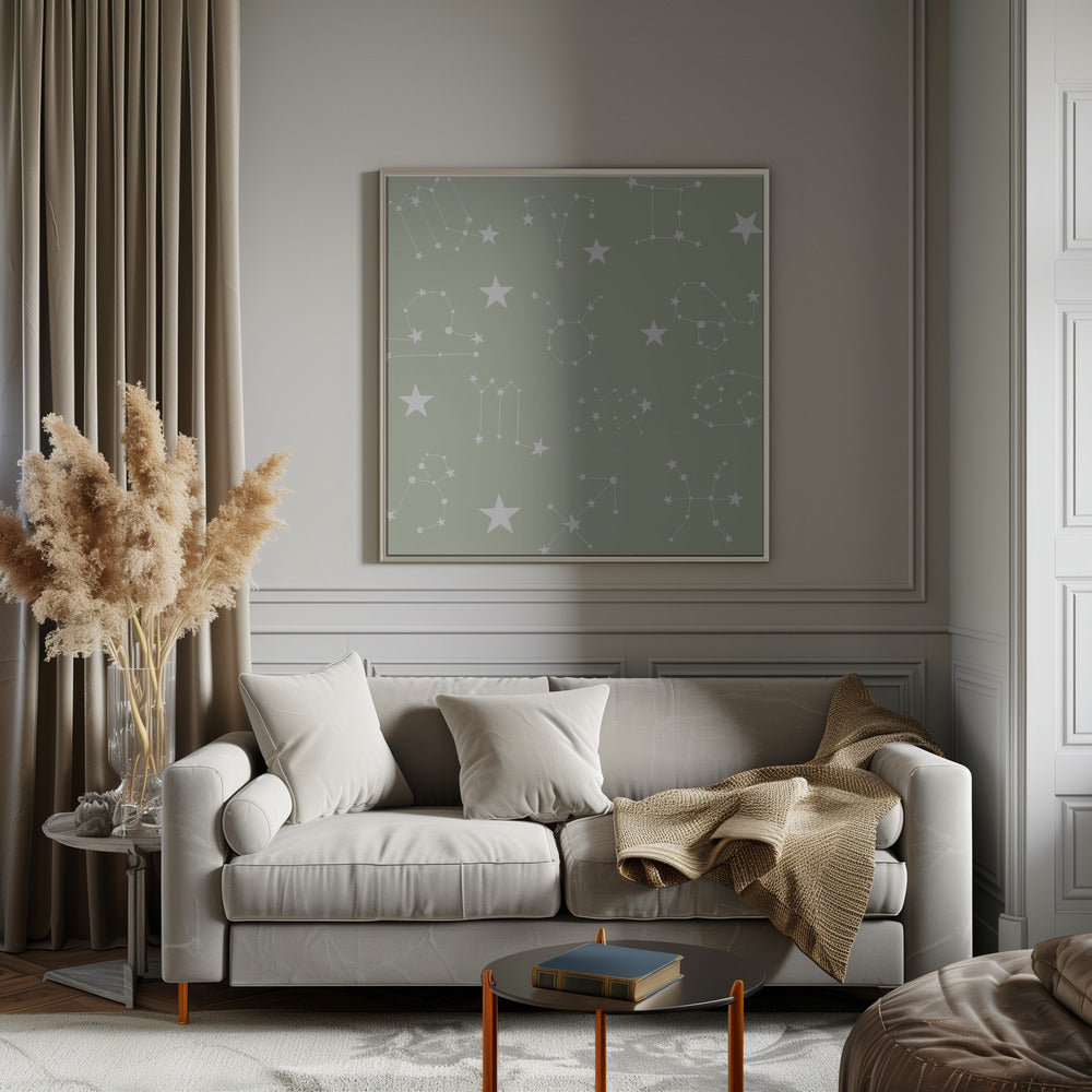 Celestial Constellation Boho-Moon and Stars In Dark Neutral- Sage Poster