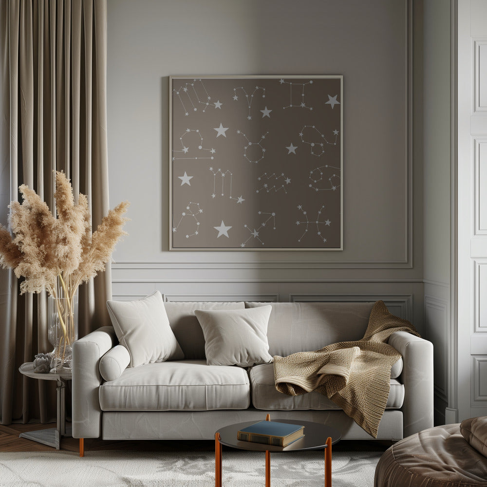 Celestial Constellation Boho-Moon and Stars In Dark Neutral- Taupe Poster