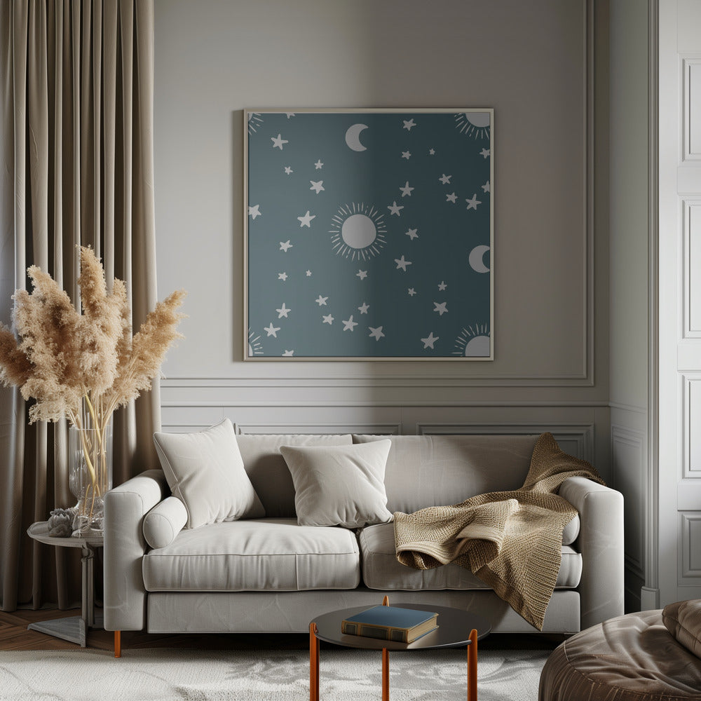 Celestial Dreamscape - Neutral Stars &amp; Shooting Stars Nursery- Slate Blue Poster