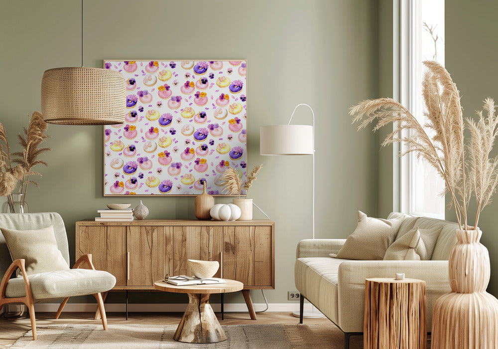 Floral watercolor donuts pattern Poster