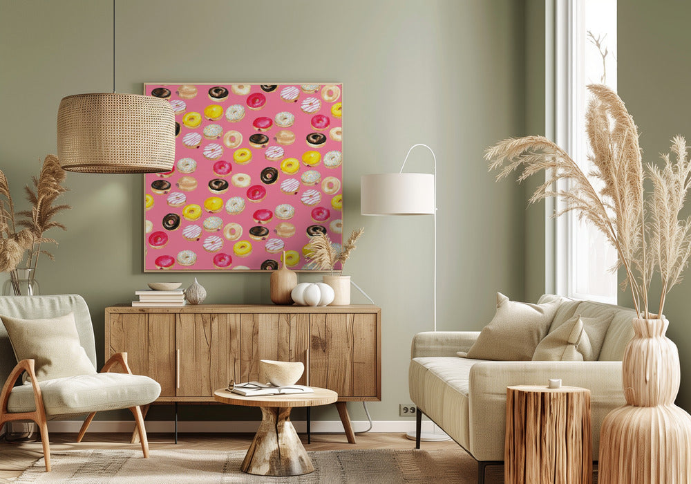 Watercolor donuts pattern in hot pink Poster