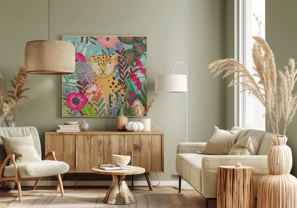 Leopard in floral jungle Poster