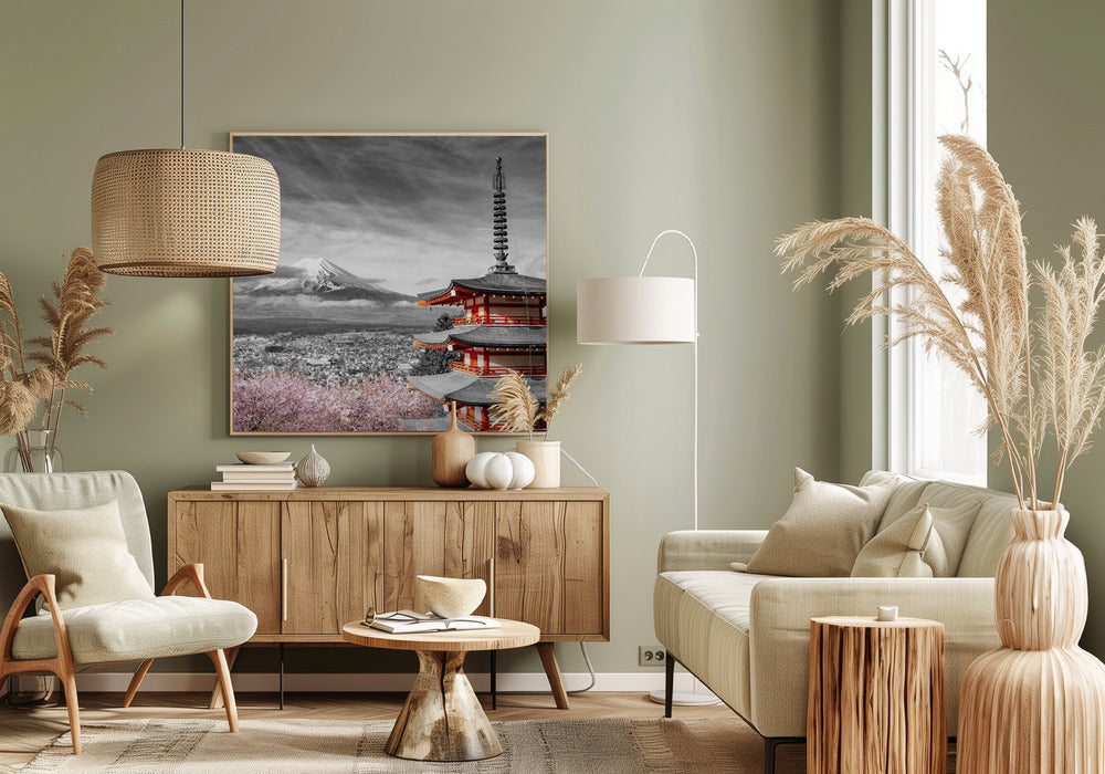 Lovely view of Mount Fuji with Chureito Pagoda during cherry blossom season - colorkey Poster