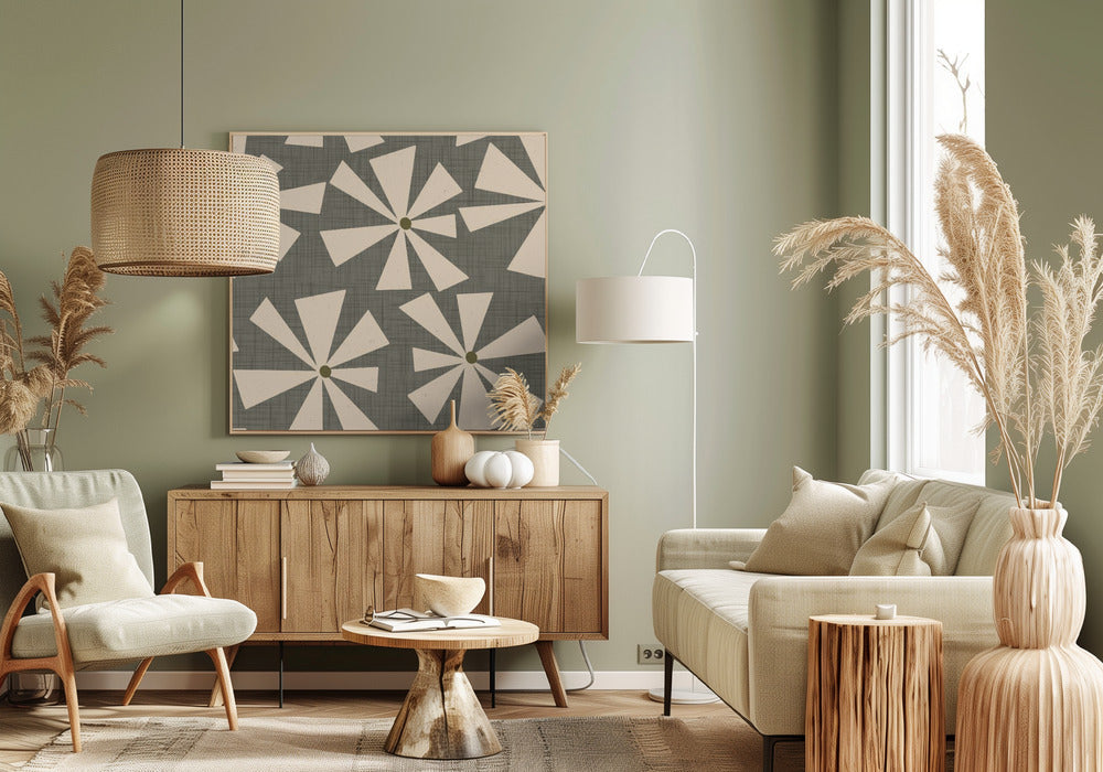 Geometric Floral Burst - Mid Century Flowers Taupe Poster