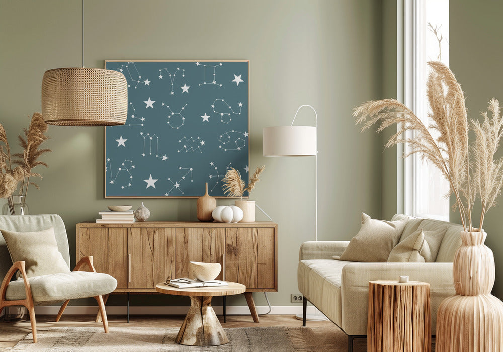 Celestial Constellation Boho-Moon and Stars In Dark Neutral-Slate Teal Poster