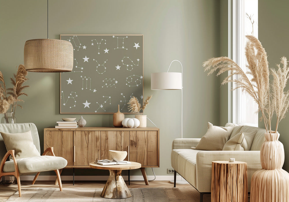 Celestial Constellation Boho-Moon and Stars In Dark Neutral - Olive Slate Poster