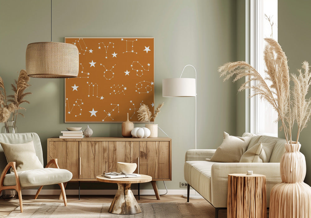 Celestial Constellation Boho-Moon and Stars In Dark Neutral- Ocher Poster