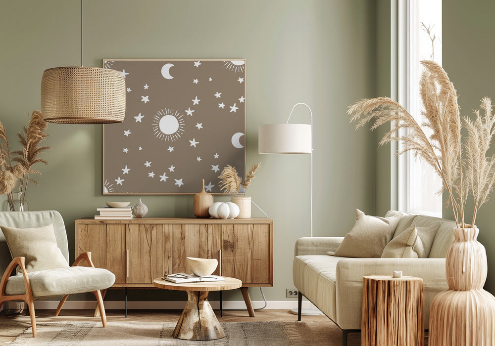 Celestial Dreamscape - Neutral Stars &amp; Shooting Stars Nursery- Taupe Poster